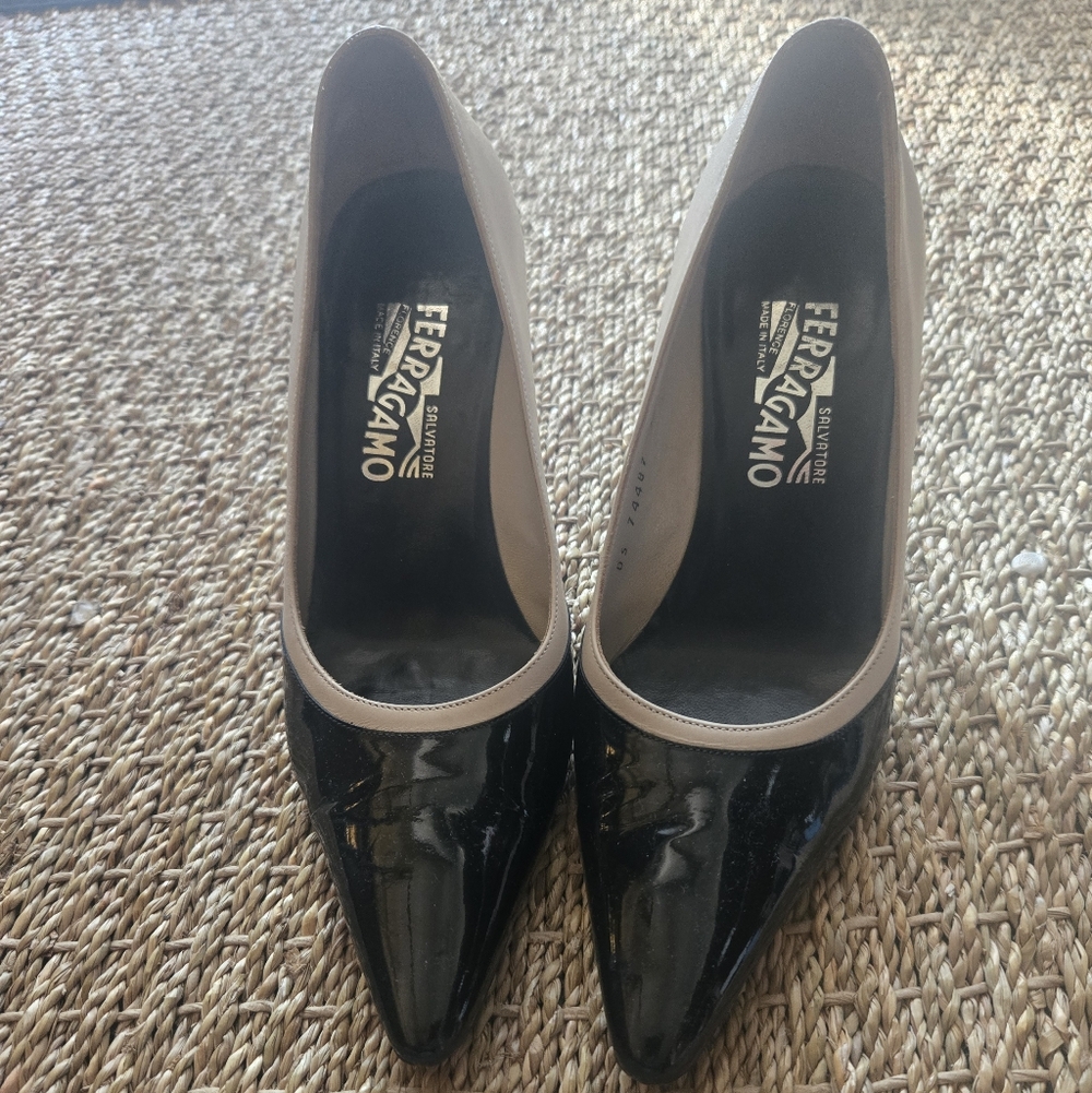 Salvatore Ferragamo Black and Cream Heels